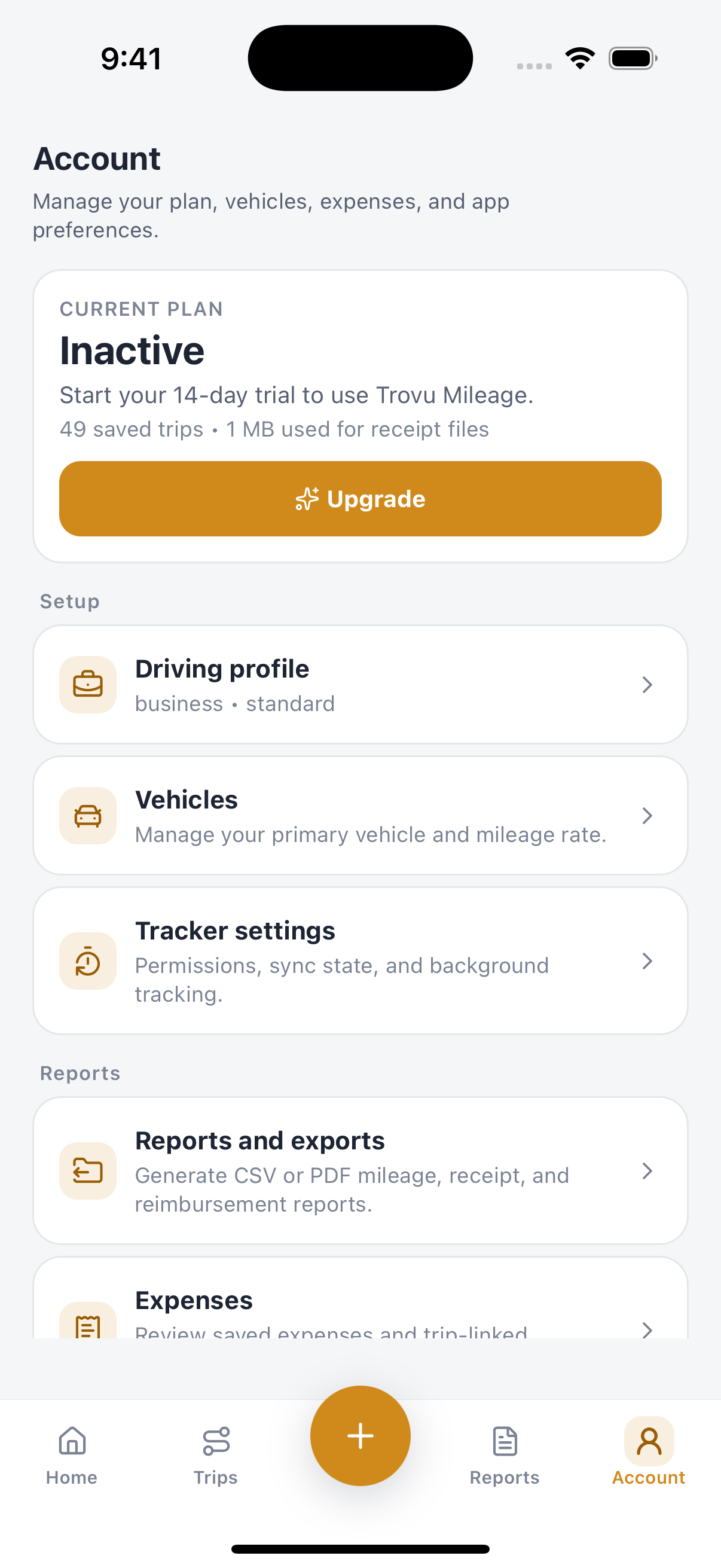 Trovu account and settings screen
