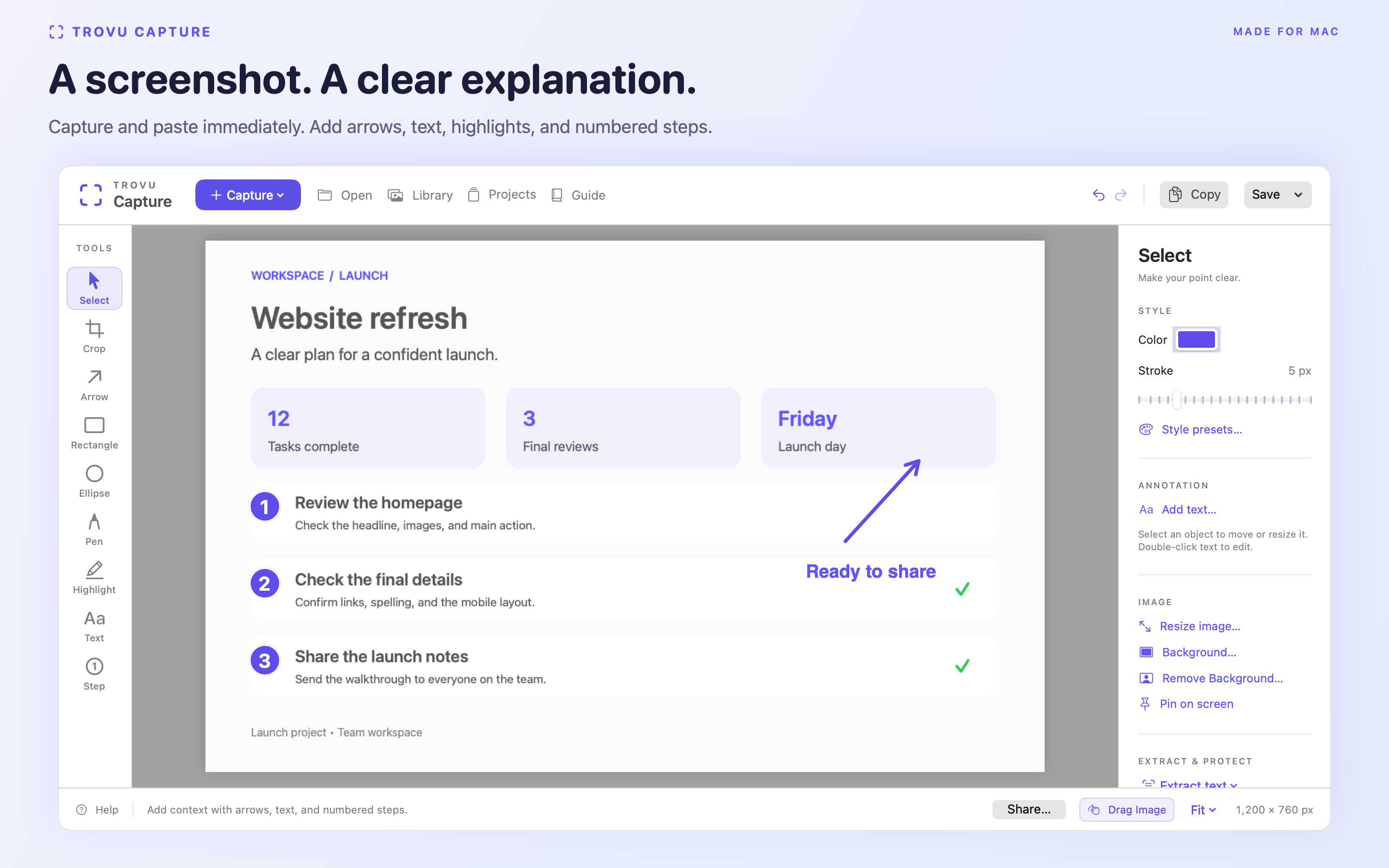Trovu Capture's native Mac editor with arrows and numbered annotations on a sample launch checklist