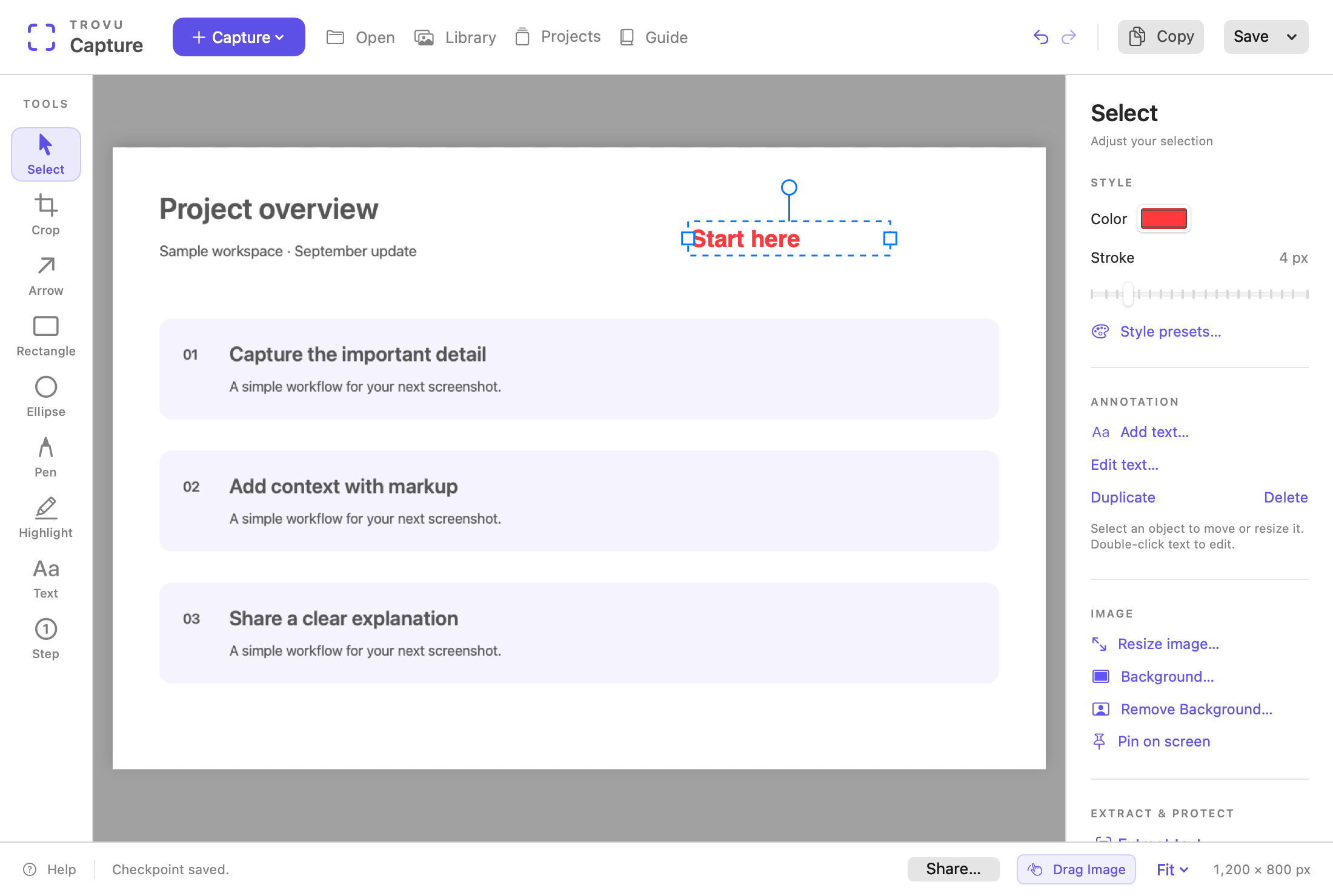 Editor with tool rail, selected text box, and inspector