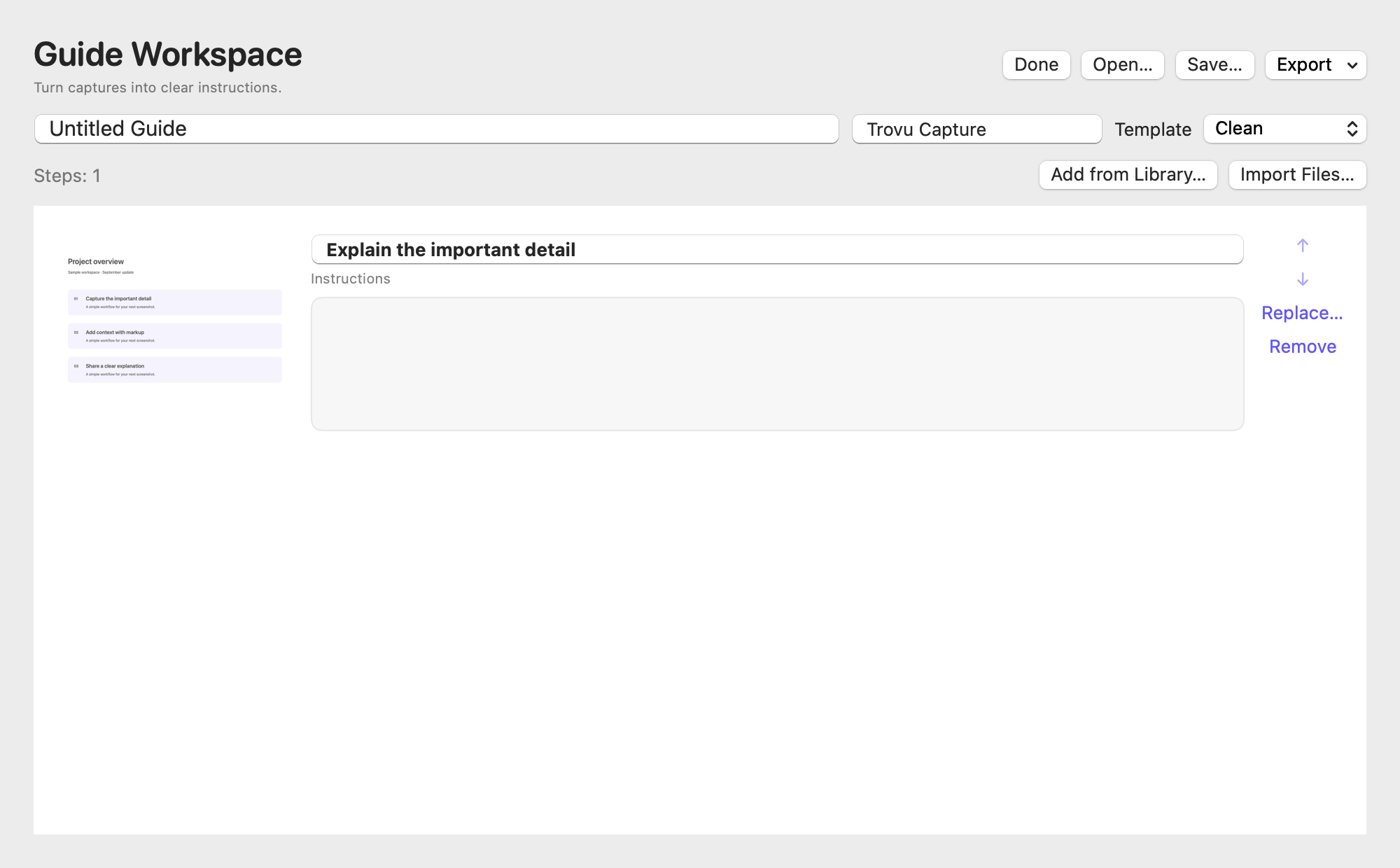 Guide workspace with Add from Library and Import Files
