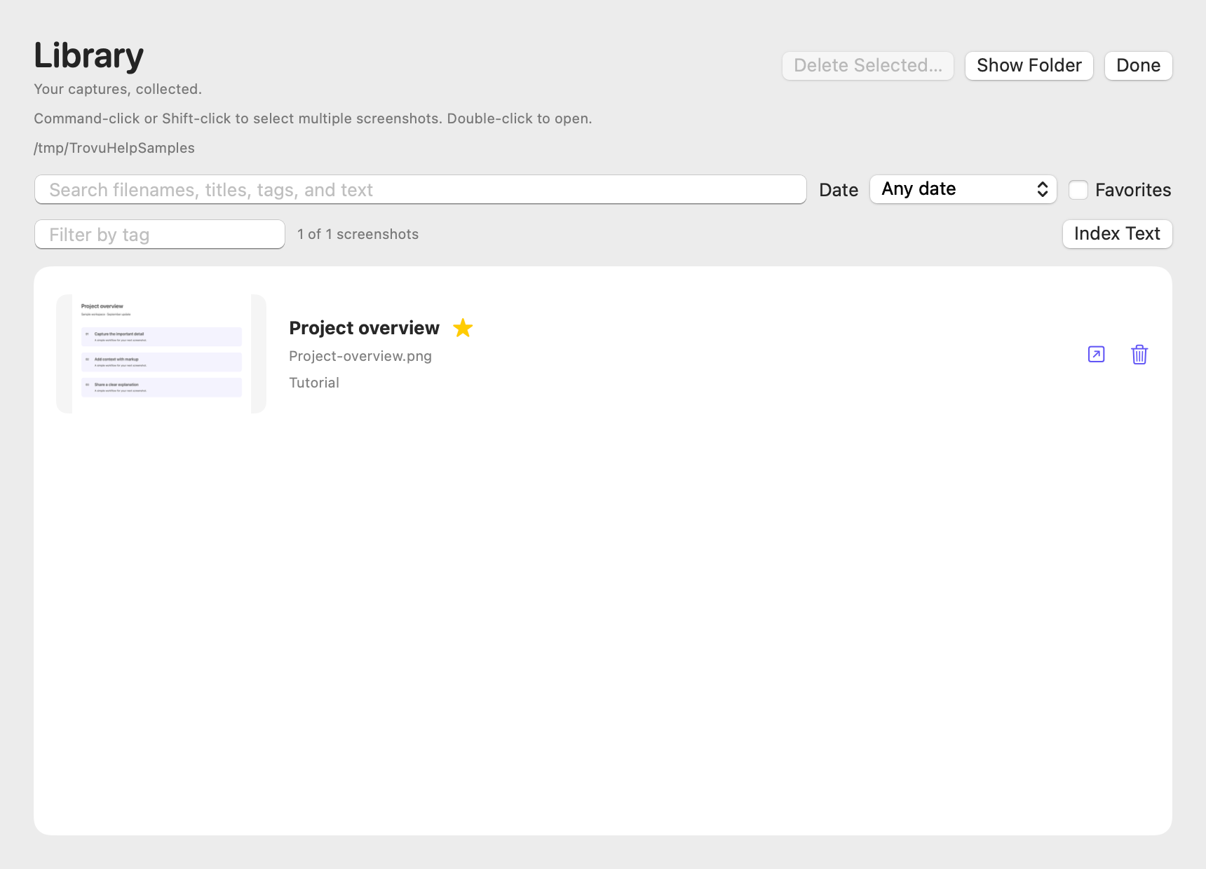 Screenshot Library with search, filters, favorites, and a tagged capture