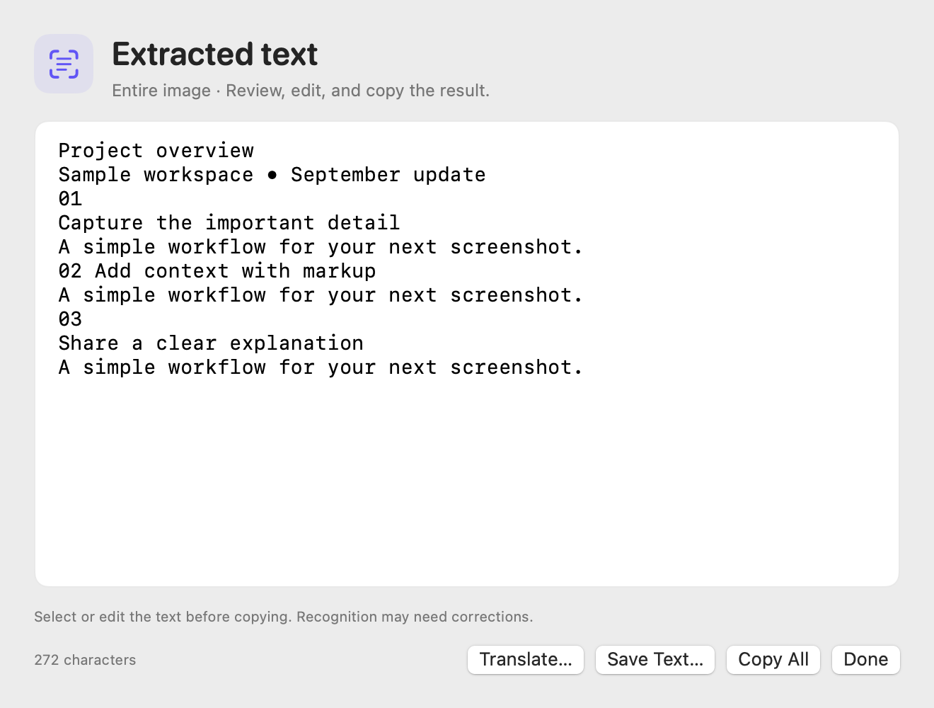 Extracted text ready to edit, copy, or save