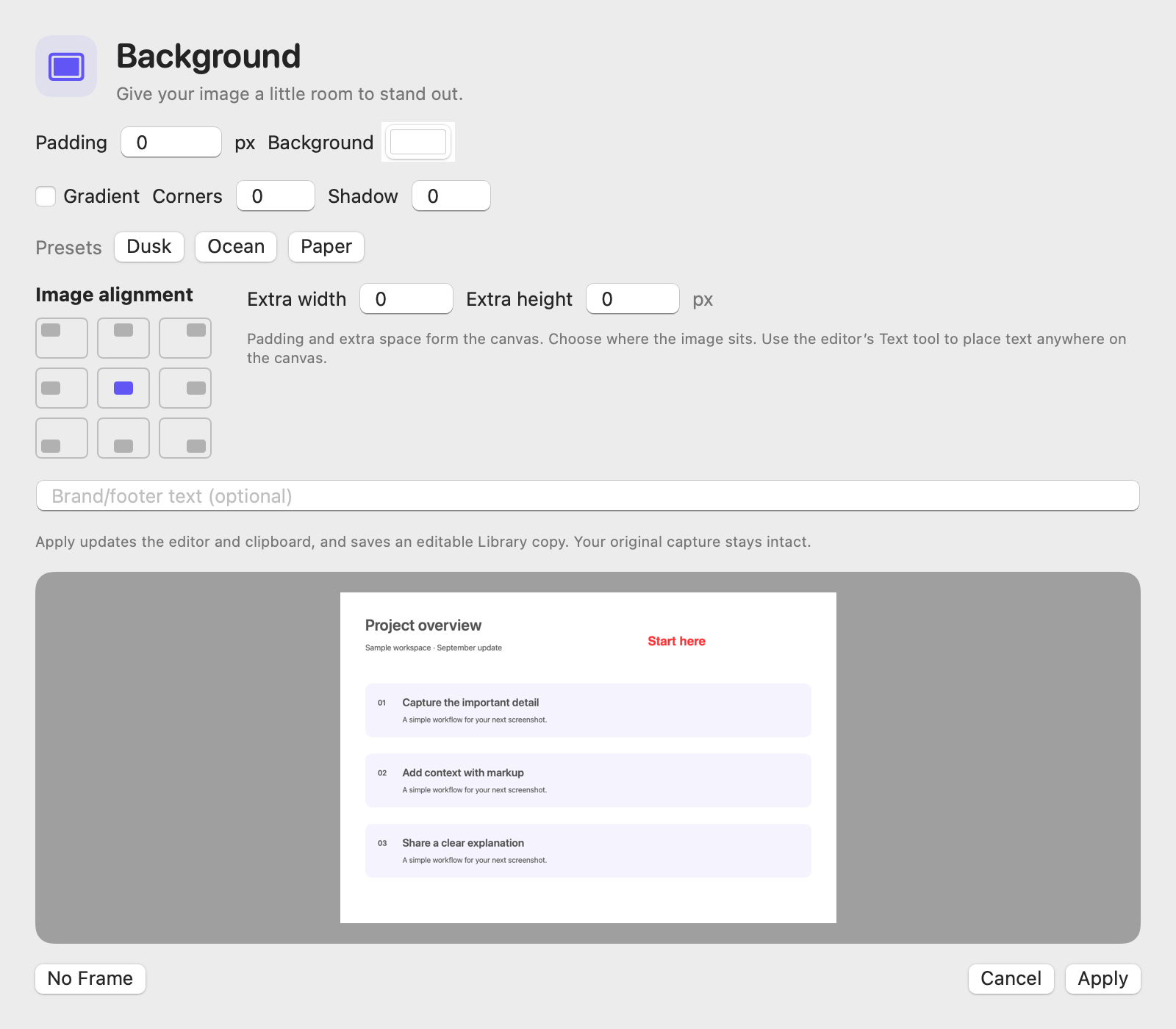 Background controls with gradients, image alignment, and preview