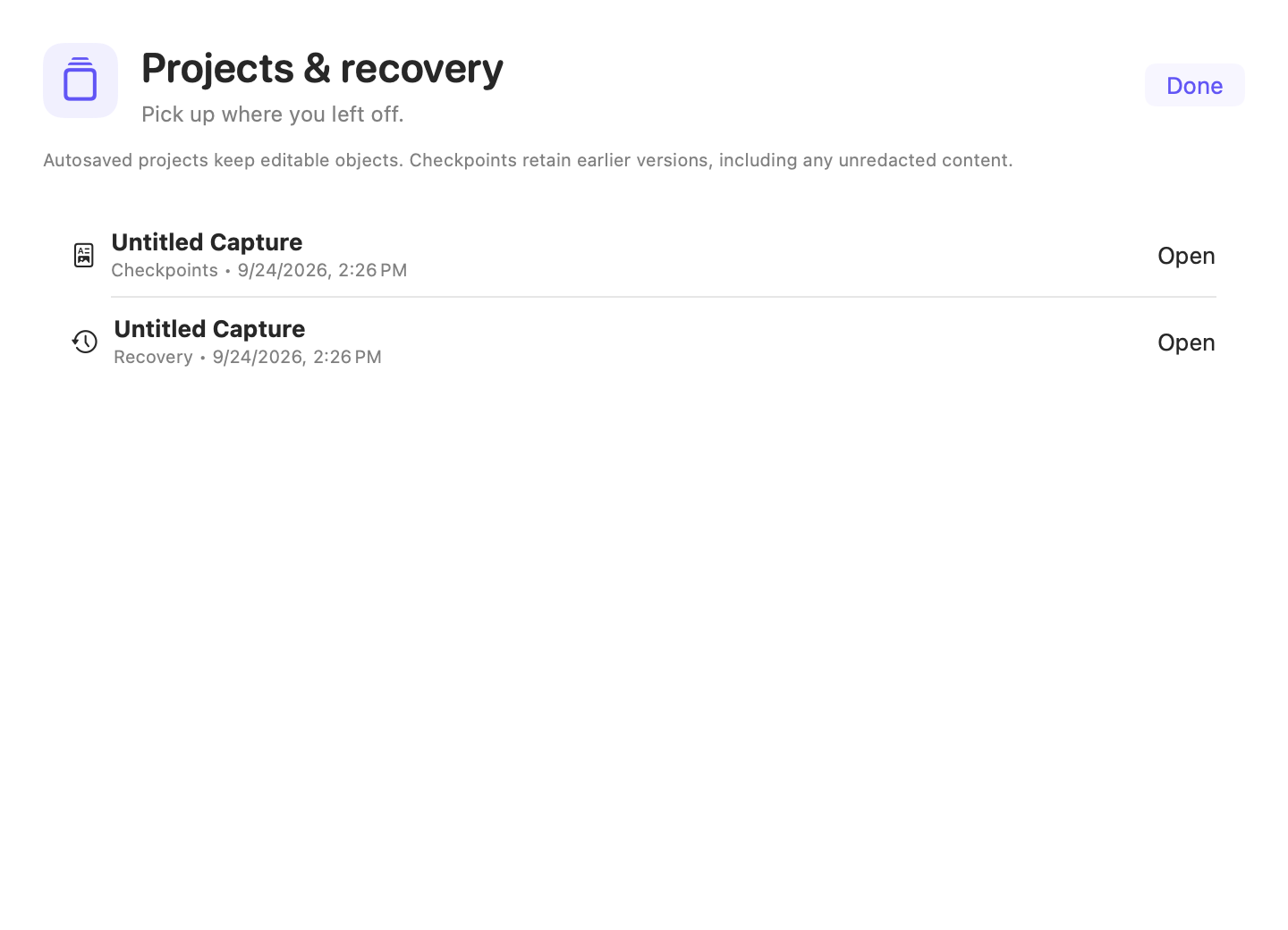 Saved projects, recovery sessions, and checkpoints