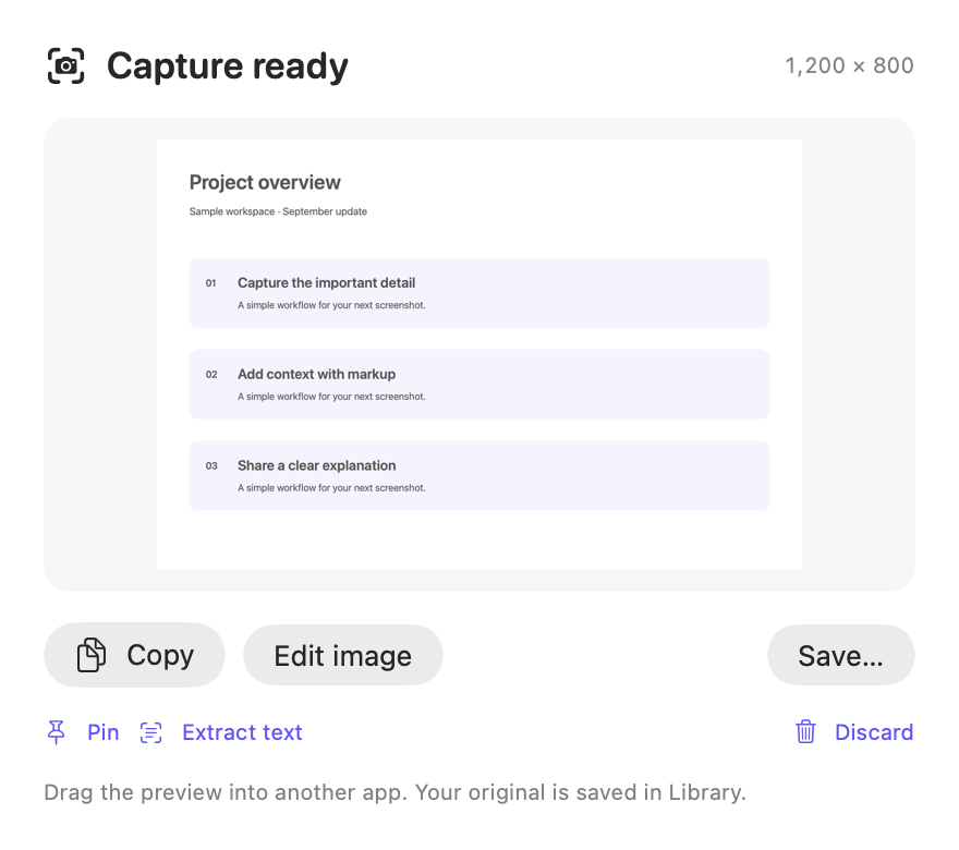 Quick preview with Copy, Edit, Save, Pin, Extract text, and Discard actions