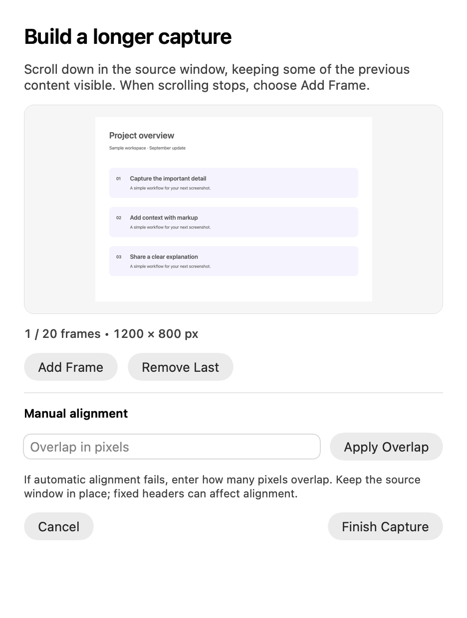 Scrolling capture preview, Add Frame, manual alignment, and Finish Capture