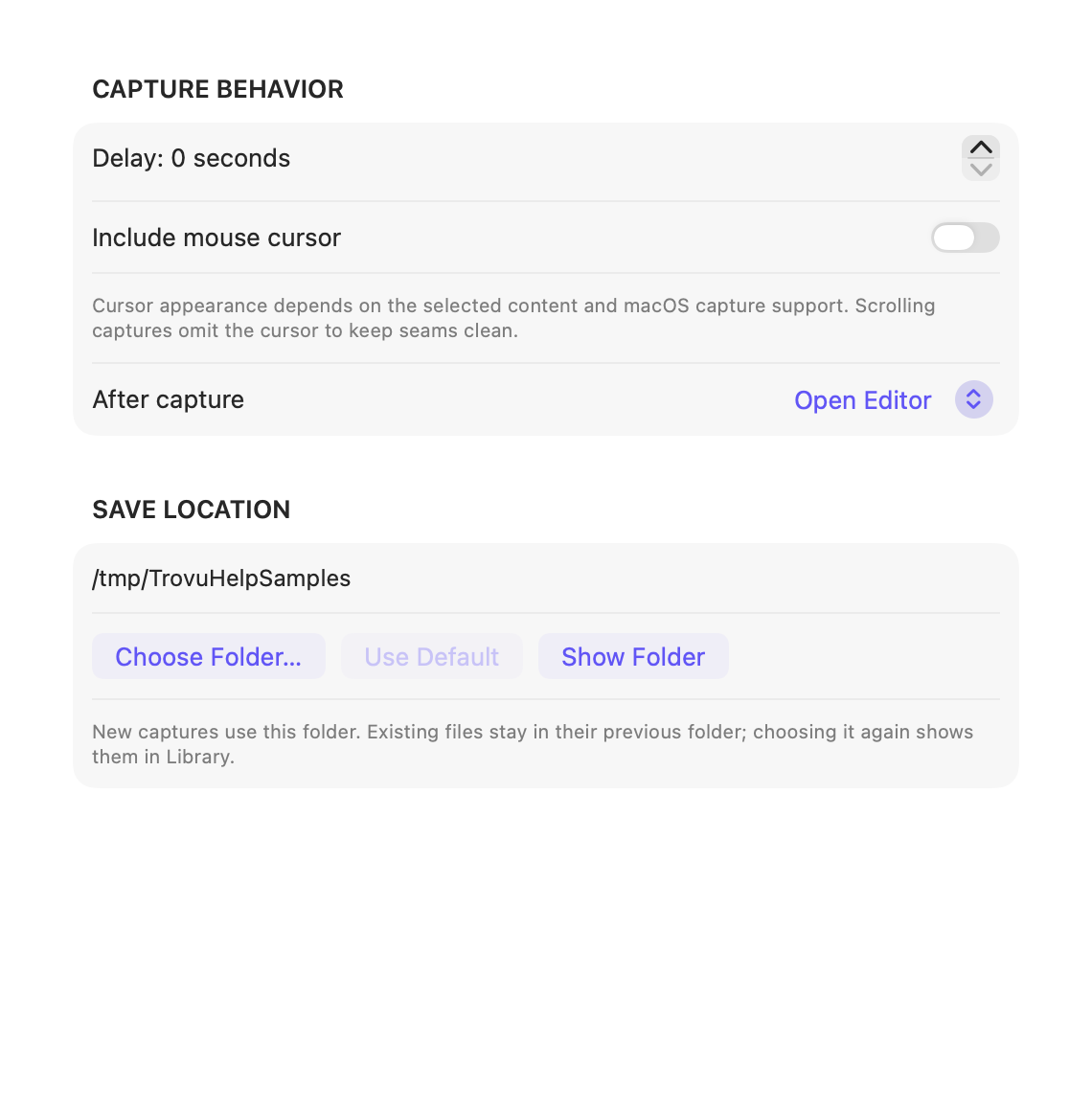 Capture settings for delay, cursor, after-capture action, and save location