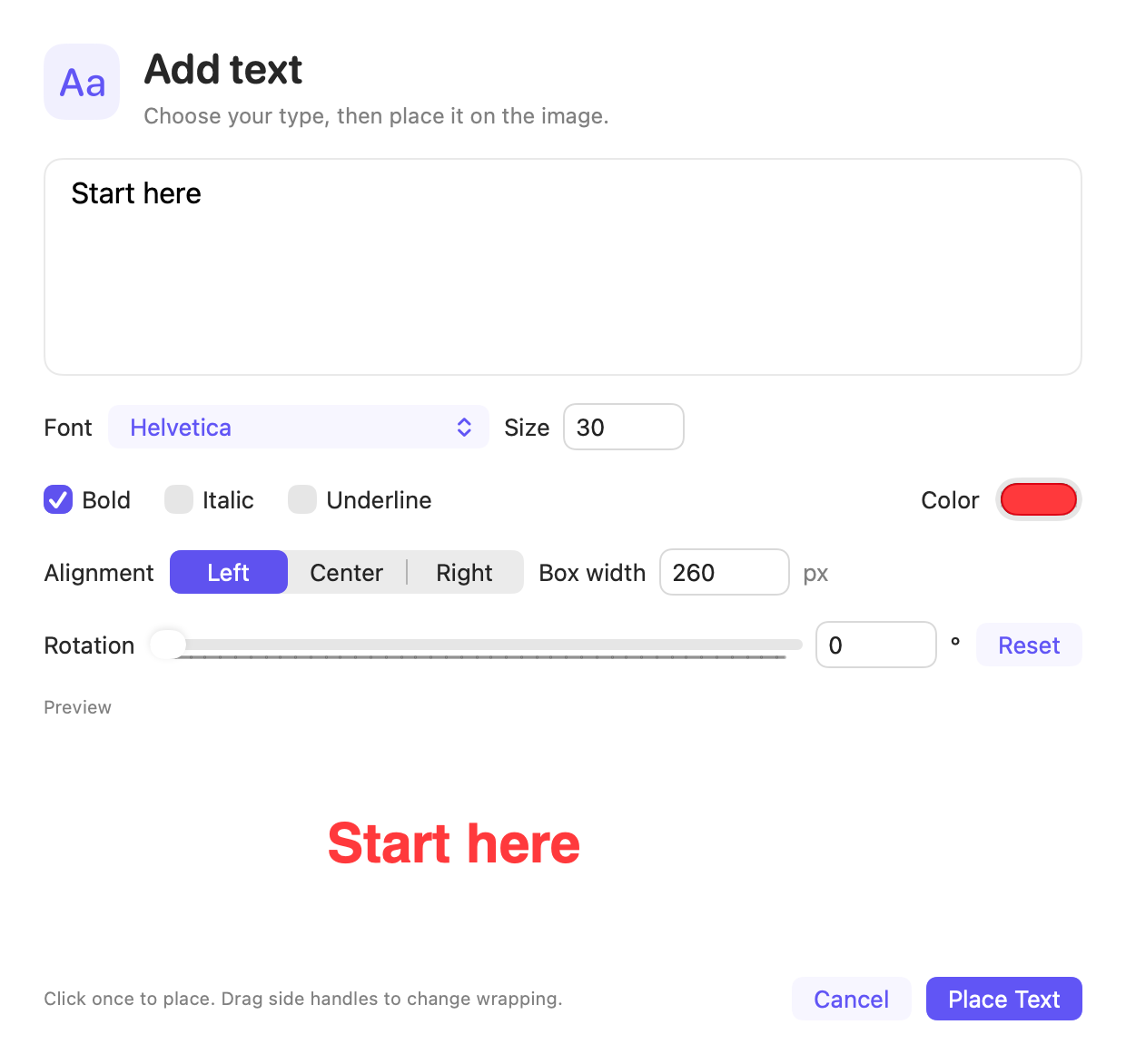 Text formatting with font, bold, alignment, wrapping width, and rotation