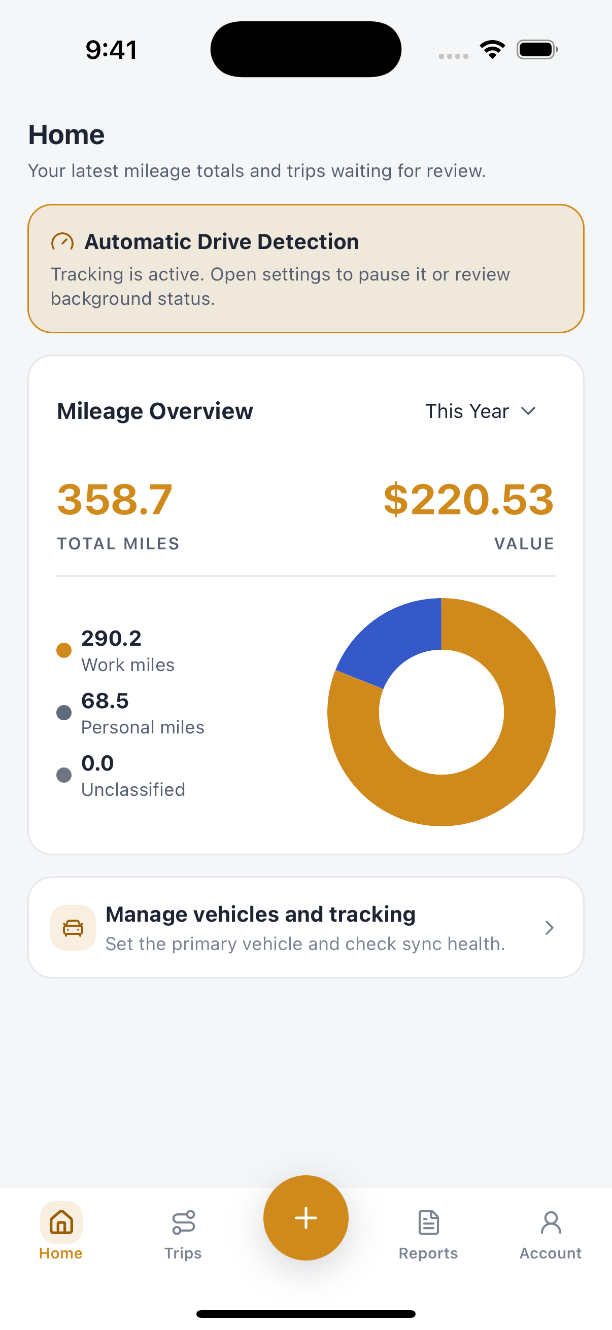 Trovu home screen with mileage overview