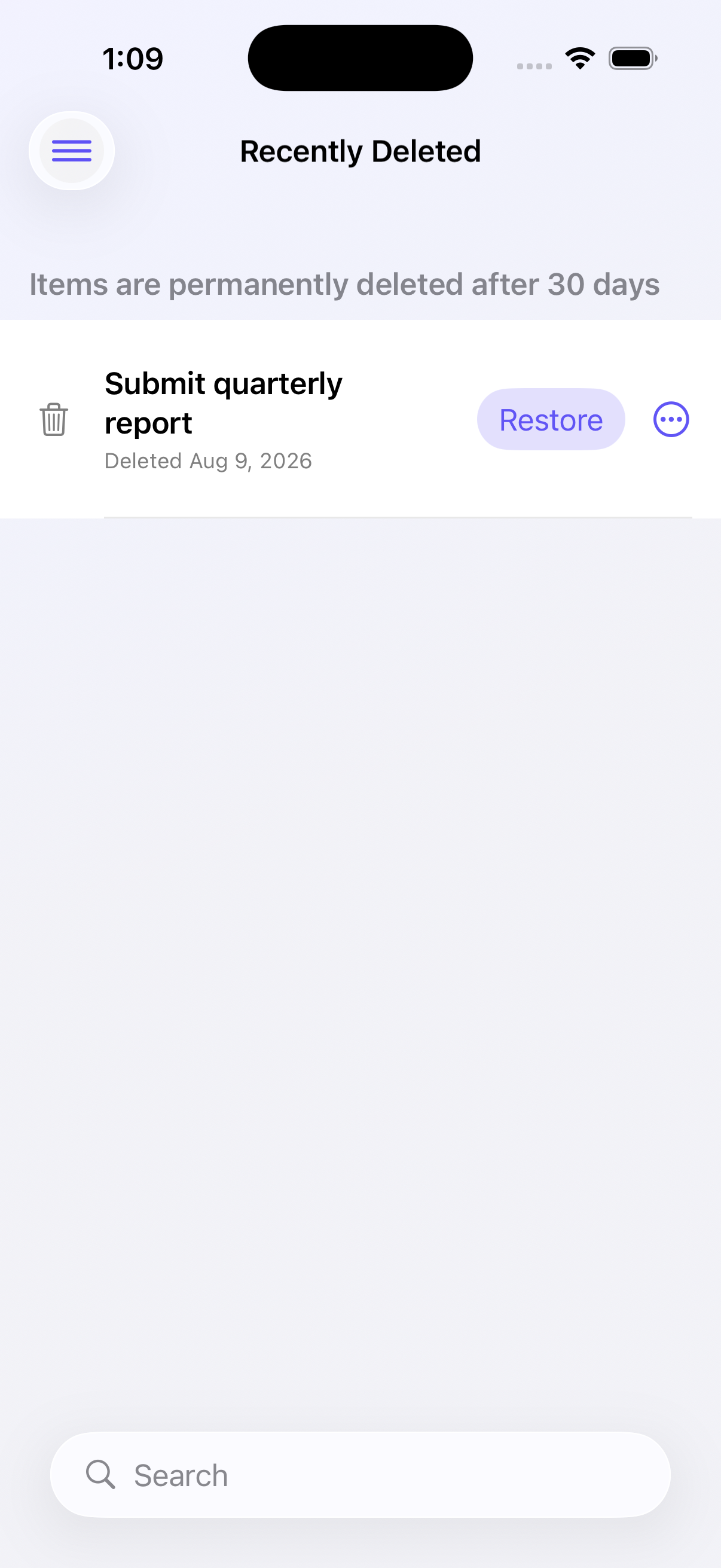 Recently Deleted view with Restore action