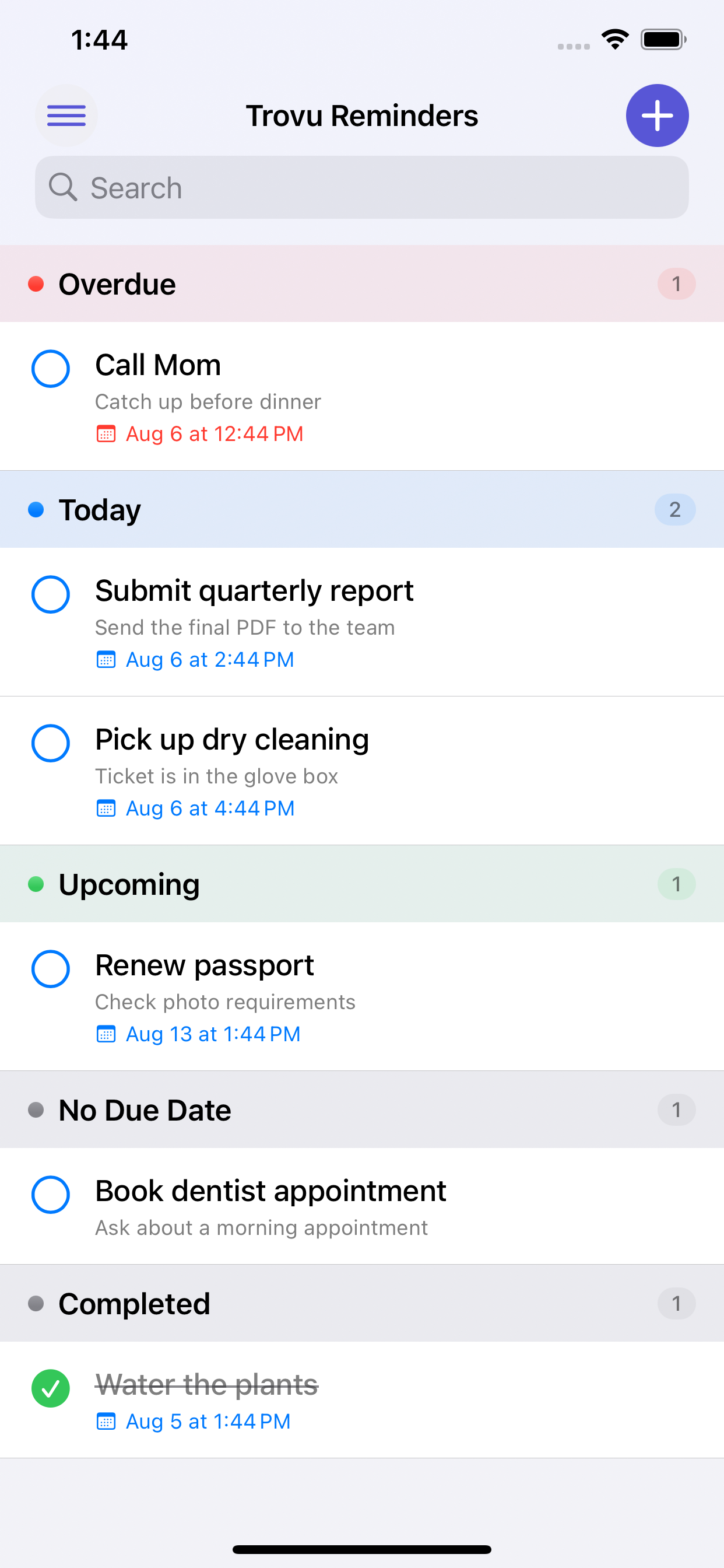 Trovu Reminders list on iPhone