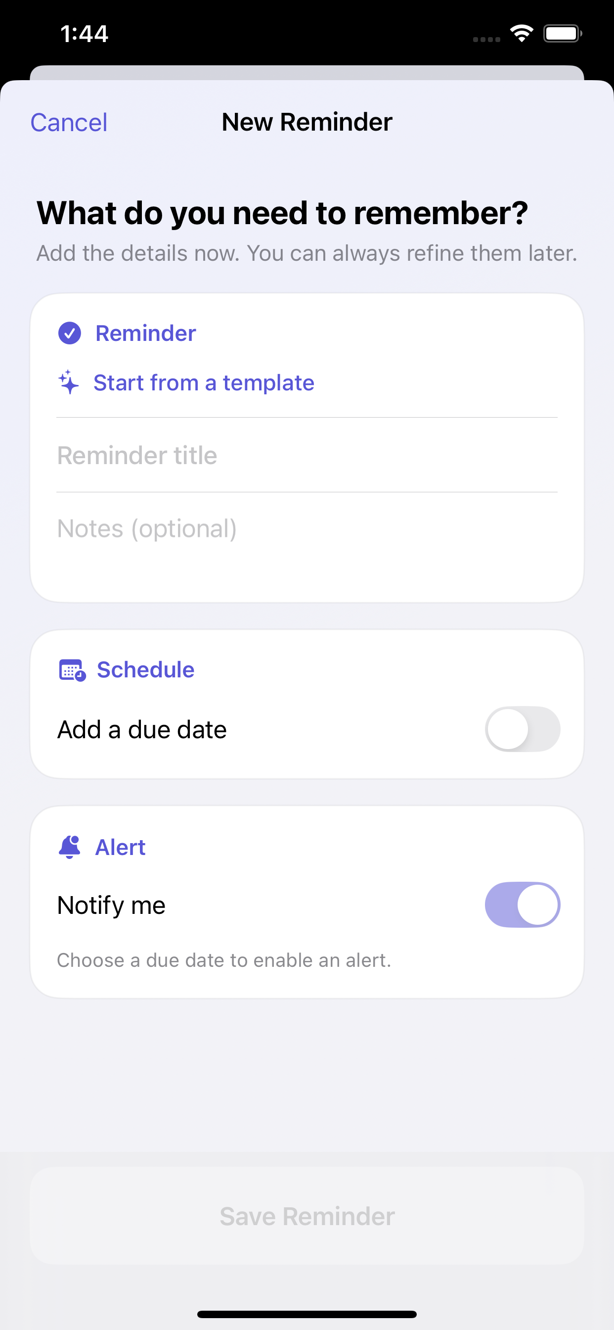 Create a reminder with schedule and alert options