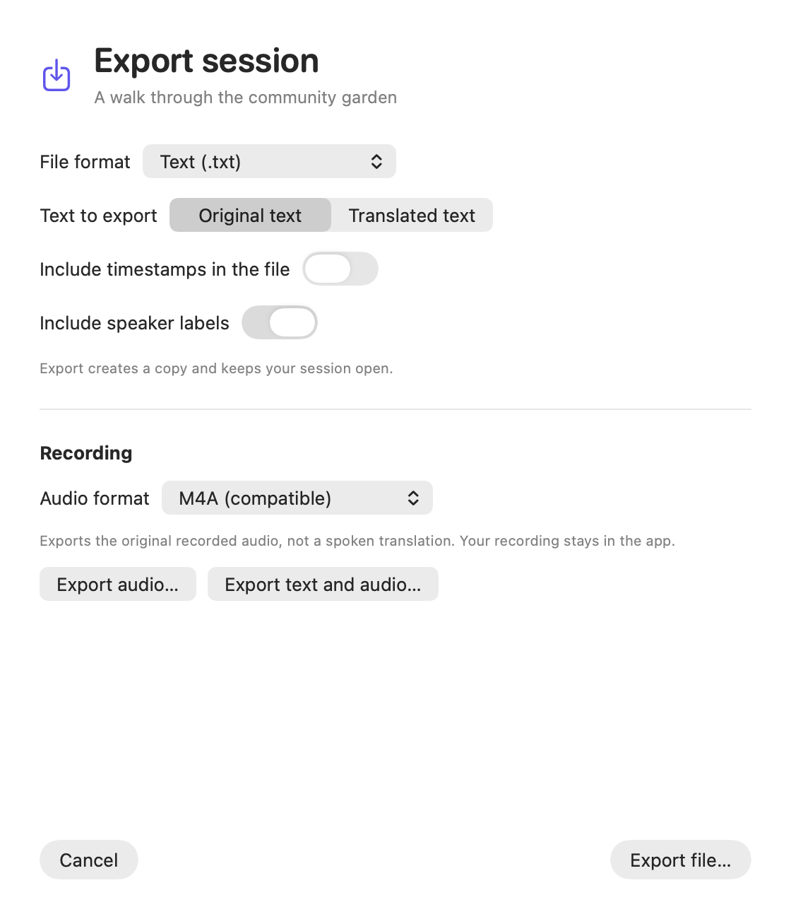 Export dialog with text, subtitle and recording options