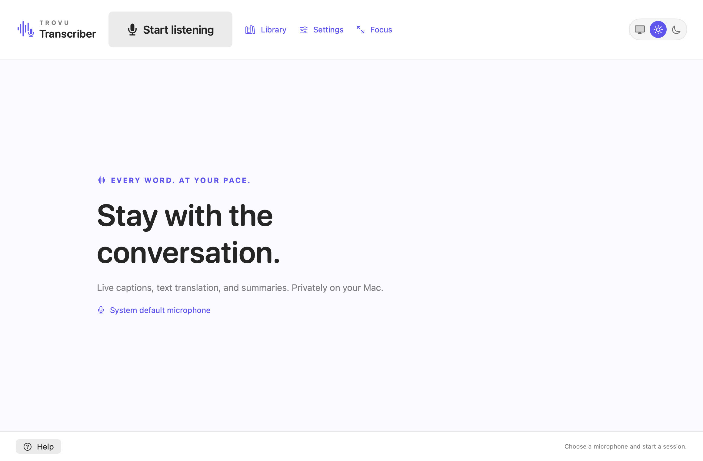 Home with Start listening, Library, Settings and theme controls