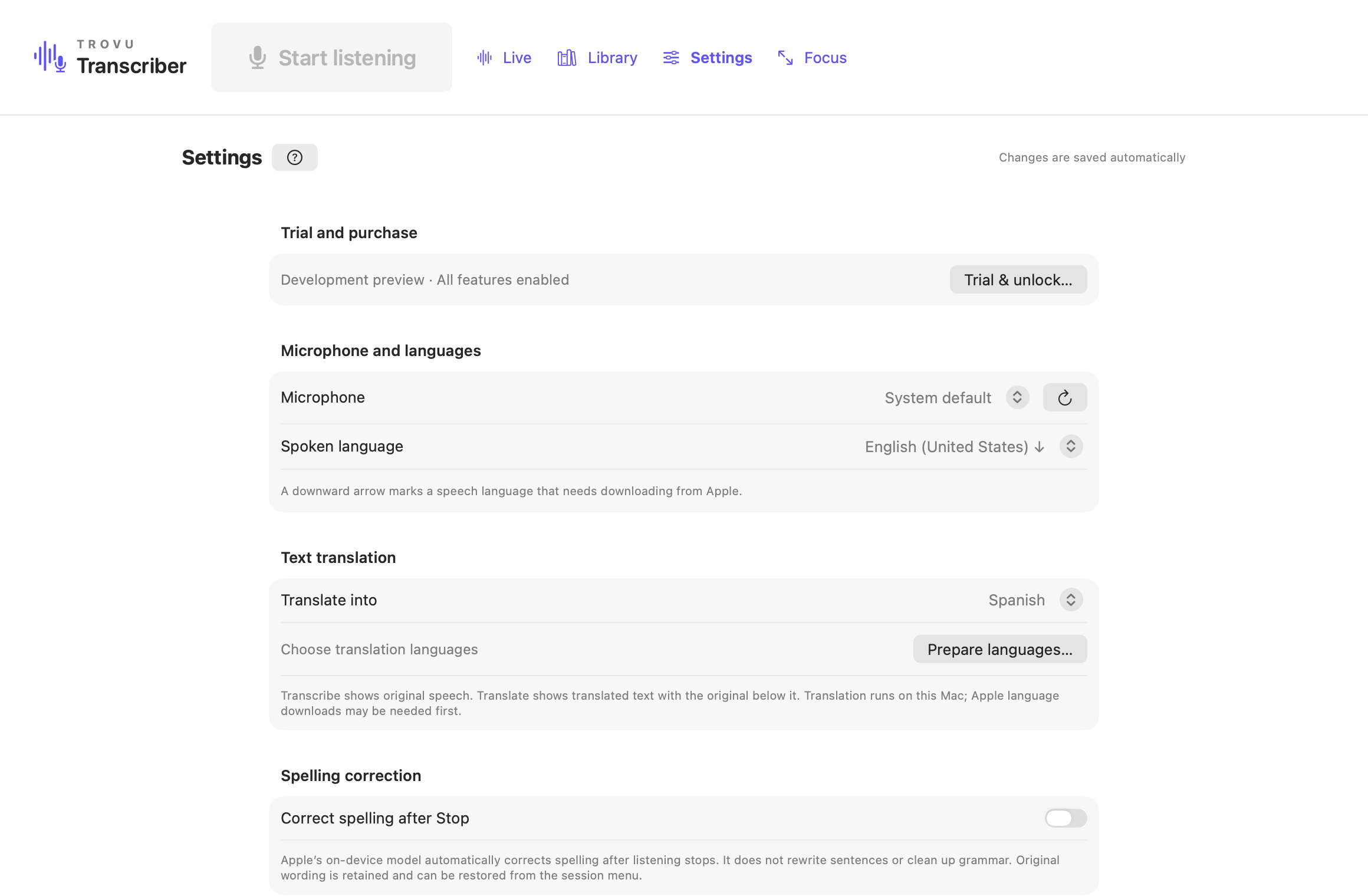 Settings with microphone and language choices
