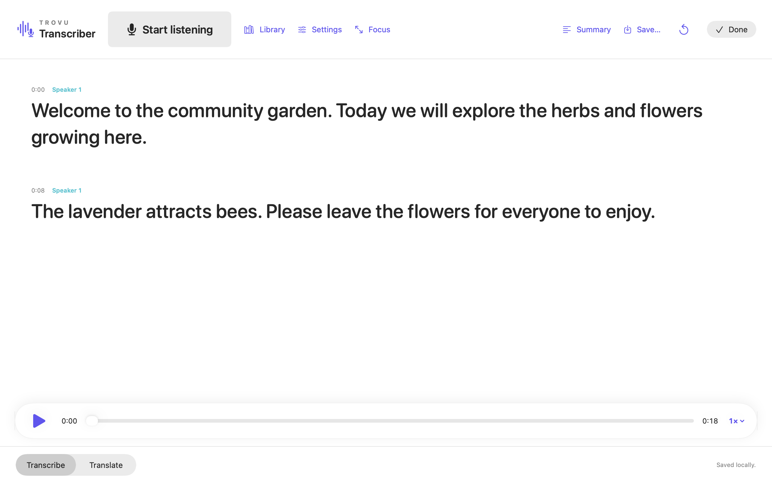 Trovu Transcriber showing a sample community garden talk with large text, speaker labels and recording playback