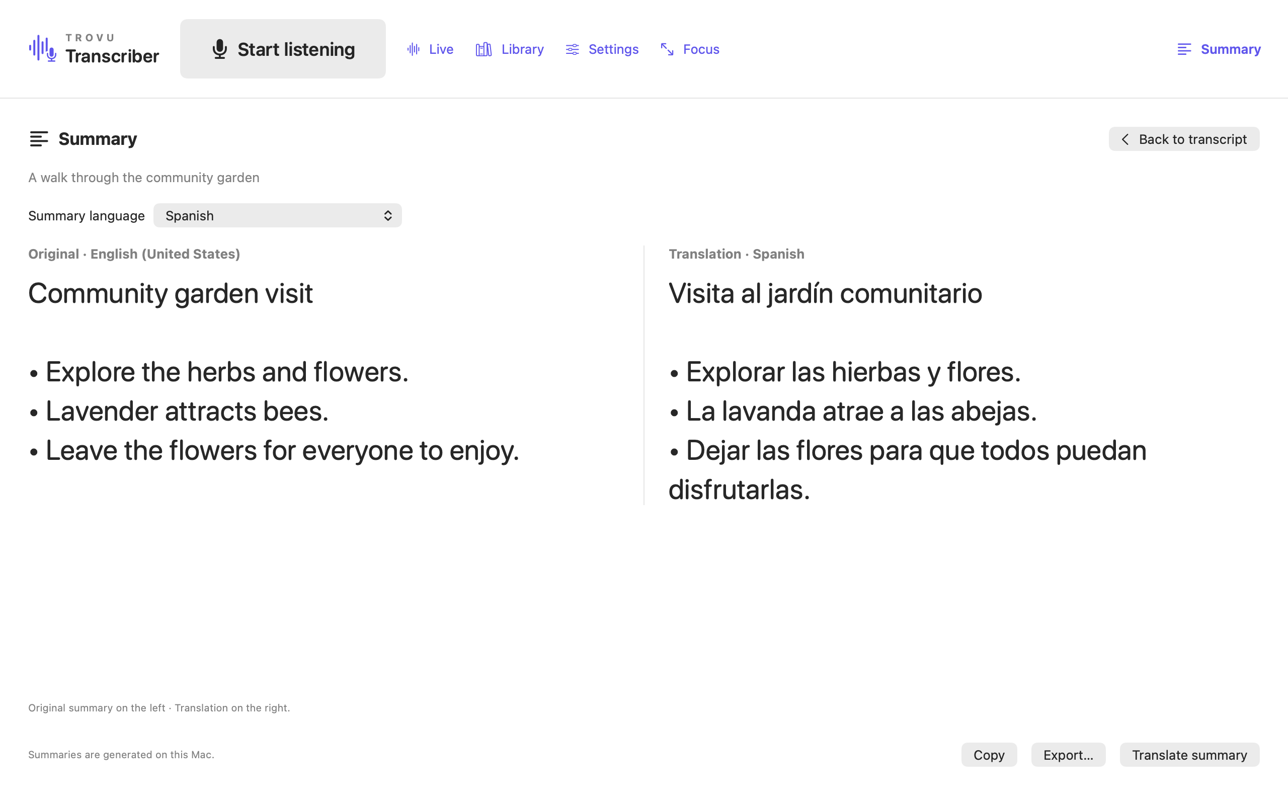 Original English summary and Spanish translation in two columns
